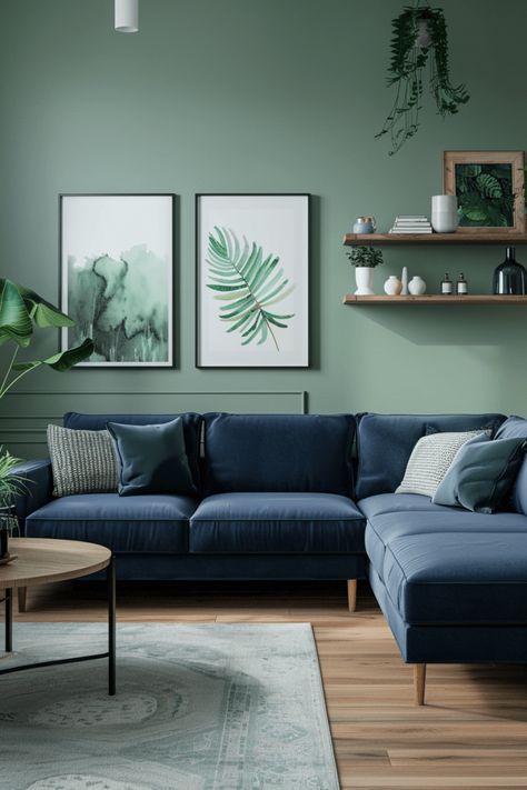 Discover 39+ Ways to Create a Refreshing Blue and Green Living Room Green Walls Living Room Blue Sofa, Light Wood Living Room Floors, Green And Blue Interior Design, Navy Blue Sectional, Living Room Design Blue, Light Wood Flooring, Teal Room, Cozy Castle, Green Living Room Ideas