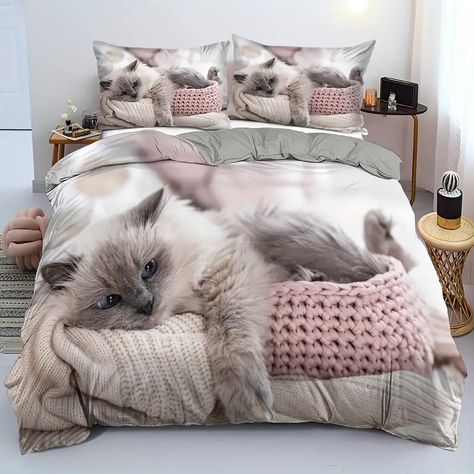 2 3pcs Lovely Pet Cat Print Duvet Cover Set 1 Duvet Cover 1 2 Pillowcase Without Core Soft Comfortable Cute Kitten Bedding Set For Bedroom Dorm Room - Home & Kitchen - Temu Cat Bedding, Kitten Beds, Söpö Kissa, Pillowcase Pattern, Bed Sets, Pet Cat, Cotton Duvet, Bed Duvet Covers, Cat Print