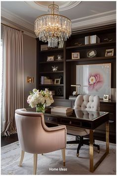 Transitional Office Ideas, Pretty Office Space, Feminine Home Office, Feminine Home Office Ideas, Feminine Home, Glam Office, Elegant Home Office, Interior Design Office, Feminine Home Offices