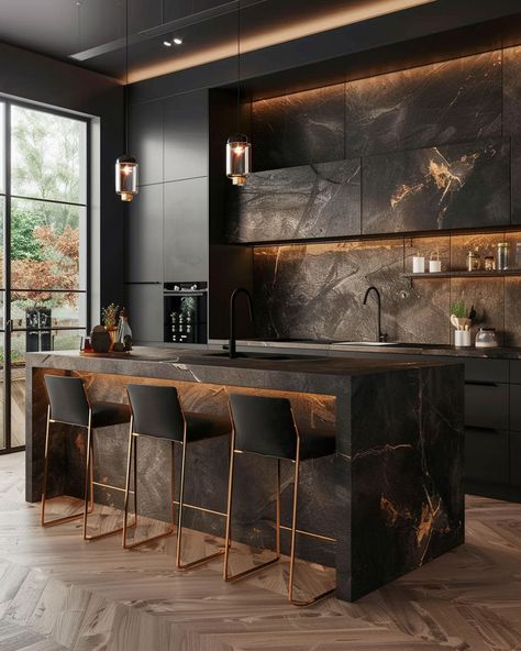 Dark Kitchen Color Schemes: A palette of deep blues, greens, or grays in a sophisticated kitchen Stunning Kitchens Modern, Luxury Black Kitchen, Top Kitchen Designs, Interior Dapur, Bella Collina, Kabinet Dapur, Condo Kitchen, Kitchens Luxury, Kitchen Interiors