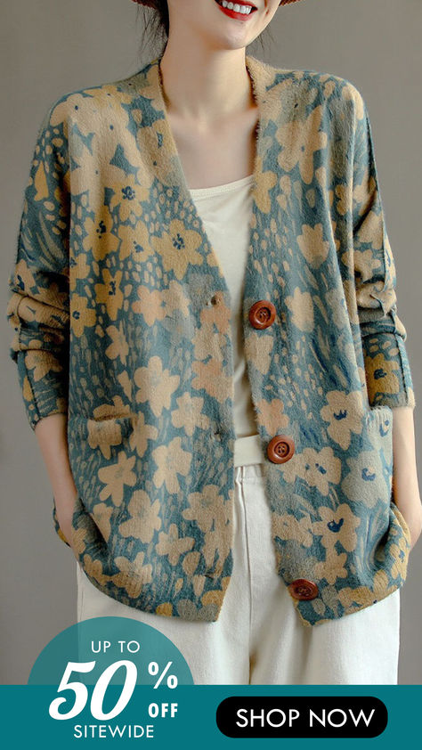 10% off first order Free shipping on orders over $100 Knit Sweater Coat, Vintage Flower Prints, Spring 2025, Art Clothing, Spring Fabric, Pants White, Comfortable Room, Style Clothes, Blue V