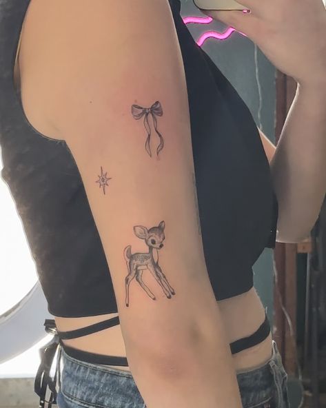 Tiny Seal Tattoo, Deer Tatoos Woman, Tiny Tattoo Sleeve Women, Small Deer Tattoos For Women, Dainty Deer Tattoo, Fawn Tattoo Minimalist, Dog Quote Tattoo, Doe Tattoo Simple, Bambi Tattoo Small