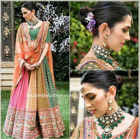 Simple Maang Tikka, Shloka Mehta Wedding, Shloka Ambani, Shloka Mehta, Dupatta Draping, Sabyasachi Collection, Emerald Choker, Draping Ideas, Indian Wedding Gowns