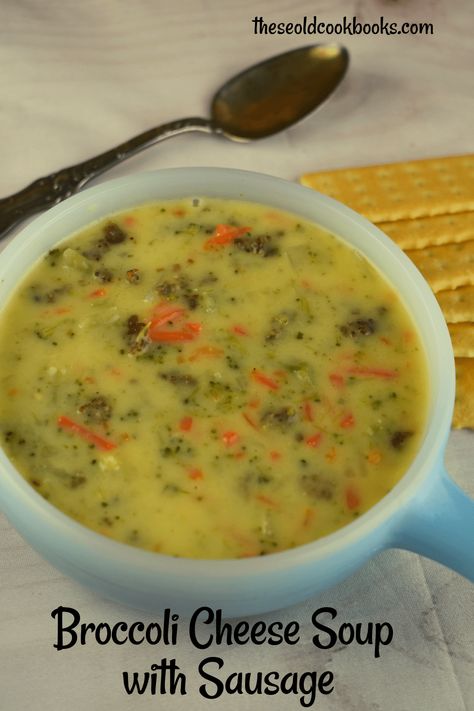 Broccoli Cheese Soup with Sausage - These Old Cookbooks Best Grill Recipes, Fried Cabbage With Sausage, Dinner Kids, Soup With Sausage, Slow Cooker Chili Recipe, Old Cookbooks, Broccoli Soup Recipes, Salt Pork, Fried Cabbage