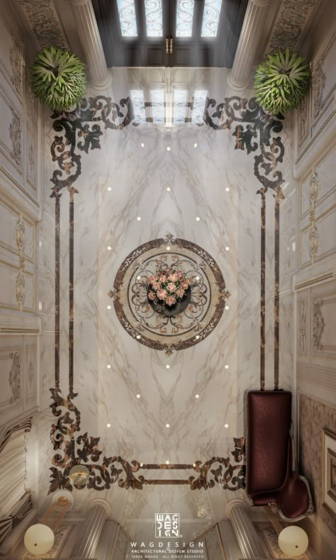 villa entrance :: Behance Marble Entrance Design, Lobby Ceiling Design Entrance, Lobby Down Ceiling Design, Floor Tile Design Entrance, Lobby Interior Design Residential, Classic Entrance Design, Villa Entrance Design, Lobby Design Residential, Luxury Lobby Design