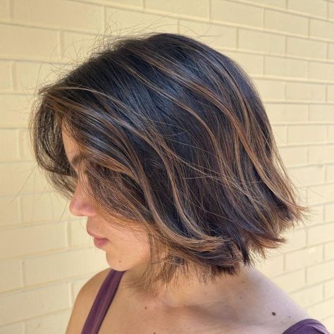 Short Dark Brown Hair with Cinnamon Balayage Brunette Balayage Hair Short, Balayage Brunette Short, Highlights Brown Hair Short, Balayage Styles, Partial Balayage, Short Dark Brown Hair, Short Hair Highlights, Short Dark Hair, Brunette Hair With Highlights