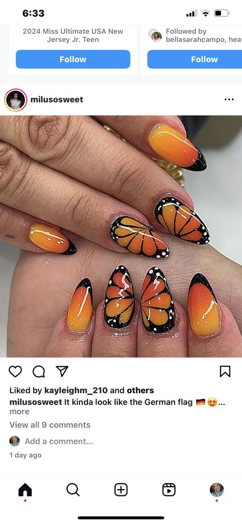 Fall Butterfly Nails, Orange Butterfly Nails, Monarch Nails, Monarch Butterfly Nails, Butterfly Wing Nails, Everyday Nails, Butterfly Nails, Lovely Nails, Orange Butterfly