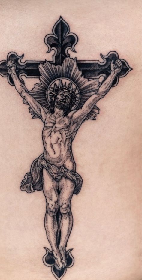 Christ Crucified tattoo Crucifix Back Tattoo, Jesus Back Tattoos For Women, Knew Tattoos Women, Bible Back Tattoo, Christian Faith Tattoos, Italian Cross Tattoos, Catholic Back Tattoo, Crucifiction Tattoo, American Traditional Jesus Tattoo