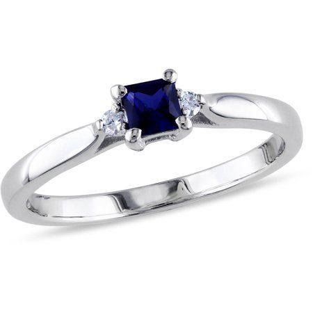 Tangelo 1/3 Carat T.G.W. Princess-Cut Created Blue Sapphire and Diamond-Accent Sterling Silver Engagement Ring Blue Sapphire Promise Ring, Blue Sapphire Diamond Ring, Sapphire Cocktail Ring, Single Stone Ring, Sterling Silver Promise Rings, Stylish Rings, Blue Sapphire Diamond, Sterling Silver Engagement Rings, Rose Engagement Ring