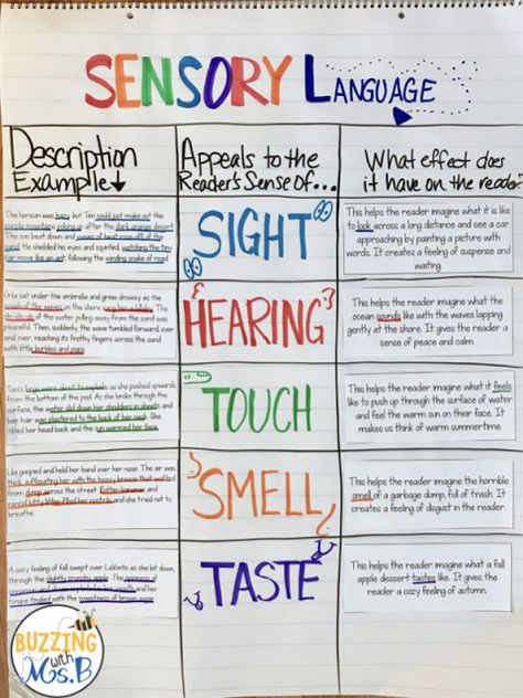 If your anchor charts are cute but your students don't know how to use them, they're not purposeful. This post includes five ideas for how to make your ELA anchor charts interactive! Reading and writing anchor charts are the best when students can add their thinking to them. Read about tips for using sticky notes, interactive graphic organizers, and more to make your charts student-friendly, including a chart about sensory details! Anchor Activities, Sensory Language, Interactive Anchor Charts, Descriptive Language, Ela Anchor Charts, Writing Conventions, Writing Mini Lessons, Sensory Details, Interactive Charts