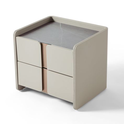 This sophisticated bedside table combines a durable melamine board structure with the luxe finish of PVC leather upholstery, offering a modern touch to bedroom decor. The matte sintered stone tabletop, a blend of processed natural minerals, is not just aesthetically pleasing but also impressively resistant to heat, chemicals, and scratches. With two smoothly gliding drawers, it provides ample storage space for bedside essentials while maintaining a sleek profile. The table's elegant design and functional features make it a smart addition to contemporary bedrooms. Stone Nightstand, Contemporary Bedrooms, Bedside Essentials, Bedside Table Design, 3d Design Projects, Study Area, Sintered Stone, At Home Workout Plan, Bedside Cabinet