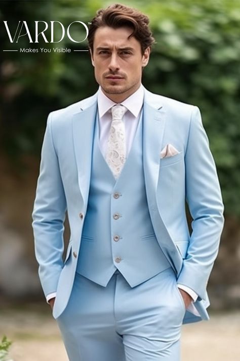 Sky Blue Peak lapel , Three Piece Suit, Perfect For Prom, Business Meetings and Summer Weddings Sky Blue Suit For Men, Three Piece Suit Mens Wedding Indian, Light Blue Suit Men, Mens Suits Sky Blue, Blue Suits For Men, Mens Suits Style Modern, Wedding Suits Men Blue, Blue Mens Suit