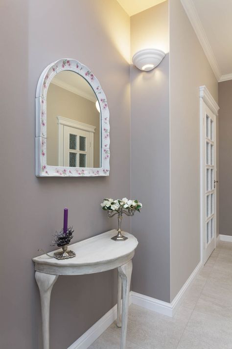 A hallway painted in purple gray paint Purple Gray Paint, Hallway Refresh, Hall Paint Colors, Grey Purple Paint, Hallway Wall Colors, Hallway Paint Colors, Hallway Paint, Hall Colour, Dining Room Paint Colors