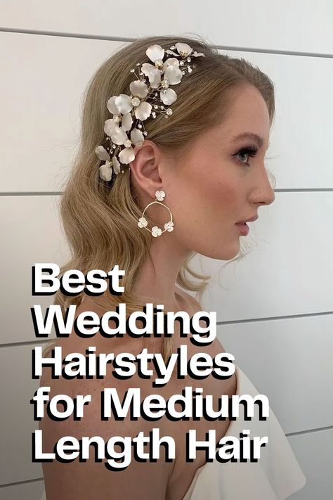 40 of the Best Wedding Hairstyles for Medium-Length Hair Mid Length Glam Hair, Medium Length Haircut Wedding, Wedding Styles For Medium Length Hair, Shoulder Length Bride Hair, Medium Short Wedding Hairstyles, Wedding Hair Styles For Medium Hair, Medium Length Formal Hair, Medium Length Wedding Hair All Down, Bridal Hair Medium