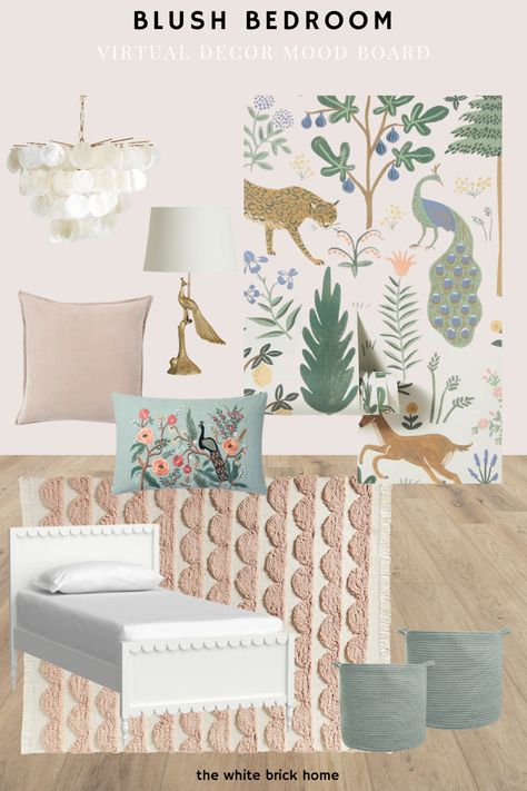 Blush bedroom ideas, blush bedroom decor ideas, girl bedroom wallpaper, girl bedroom ideas, girl bedroom designs for kids, girl bedroom aesthetic, floral wallpaper for girl, girl bedroom ideas for small rooms, girl bedroom rug, girl bedroom furniture, girl bedroom throw pillows Peacock Bedroom Ideas Decor, Blush And Green Bedroom, Girl Bedroom Rug, Blush Bedroom Ideas, Girl Bedroom Furniture, White Bedroom Rug, Girl Bedroom Wallpaper, Menagerie Wallpaper, White Girls Bedroom