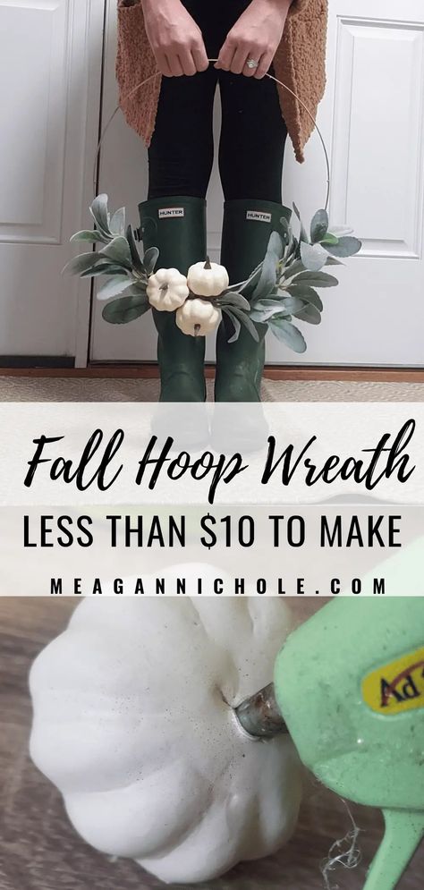 $10 Fall Hoop Wreath you Need to Make this Season - Fall Hoop Centerpiece, Thanksgiving Hoop Wreath, Wreath Rings Diy, Outdoor Fall Wreath, Wire Ring Wreath Ideas, Fall Hoop Wreaths For Front Door, Halloween Hoop Wreath, Diy Dollar Tree Wreath Fall, Fall Ring Wreath