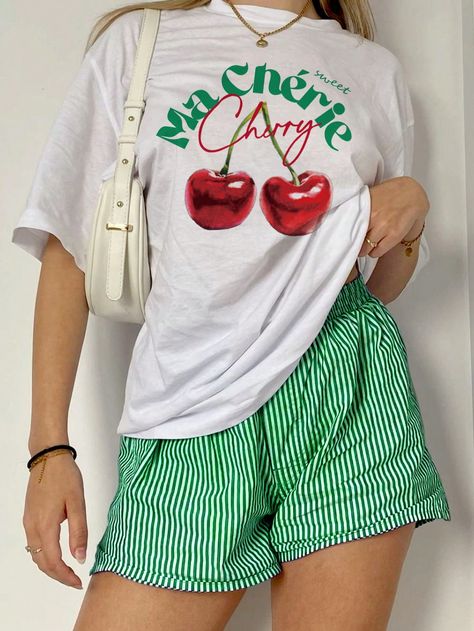 Women's Casual Cherry & Letter Print T-Shirt, Summer White Casual  Short Sleeve Fabric Letter,Striped,Plants  Slight Stretch  Women Clothing, size features are:Bust: ,Length: ,Sleeve Length: Lemon Clothes, Cherry T Shirt, Boxer Shorts Outfit, Cherry Shirt, Outfit Oversize, Look Short, Fashion Inspiration Design, Outfits Verano, Women Midi