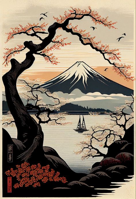 Katsushika Hokusai Wallpaper, Traditional Japanese Art Landscapes, Japanese Woodblock Tattoo, Japanese Mountains Art, Fuji Mountain Wallpapers, Mount Fuji Art, Japanese Castle Tattoo, Japanese Art Wallpaper Desktop, Mount Fuji Tattoo