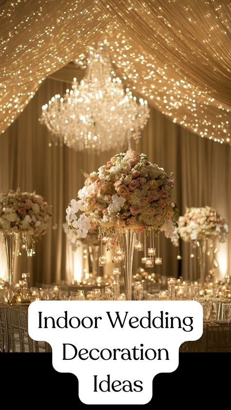 Elegant indoor wedding decorations with enchanting lighting and stunning centerpieces, perfect for creating a magical and unforgettable venue. Wedding Decor Indoor Receptions, Wedding Indoor Venue Ideas, Indoor Ballroom Wedding Reception, High End Wedding Decor, Reception Wedding Decorations Indoor, Wedding Uplighting Ideas, Simple Elegant Wedding Decorations Reception Ideas, Wedding Theme Ideas Elegant Indoor, Wedding At Home Indoor