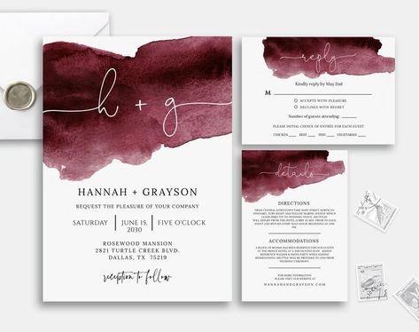 Watercolor Wedding Invitation, Burgundy Wedding Invitations, Rock Wedding, Save The Date Postcards, Watercolor Splash, Watercolor Wedding Invitations, Wedding Goals, Burgundy Wedding, Wedding Invitation Sets