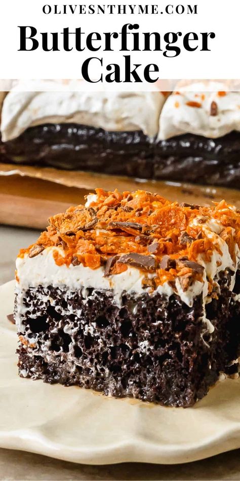 Butterfinger Cake Recipe Poke Cakes With Pudding, Butterfinger Poke Cake Recipes, Easy Butterfinger Cake, Butter Finger Cake, Best Poke Cake Recipes, Butterfinger Poke Cake, Banana Poke Cake, Easy Poke Cake, Butterfinger Cake Recipe