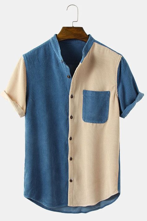 Patchwork T Shirt, Stand Collar Shirt, Corduroy Shirt, Corduroy Shorts, Shirts Summer, Mode Masculine, Latest Mens Fashion, Summer Design, Shirt Button