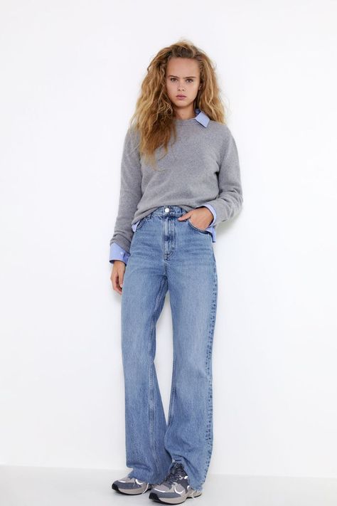 Zara Hi Rise Wide Leg Full Length Jeans Wide Leg Jeans Outfit Street Style, High Waisted Wide Leg Jeans Outfit, Wide Leg Full Length Jeans, Wide Jeans Outfit, Zara Wide Leg Jeans, Comfy Streetwear, Straight Leg Jeans Outfits, Wide Leg Jeans Outfit, Full Length Jeans