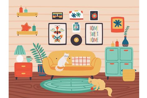 Sofa Shelf, Pictures On Wall, Living Room Illustration, Living Room With Sofa, Room With Sofa, Decorations Living Room, Living Room Cozy, Hygge Style, Comfy Living Room