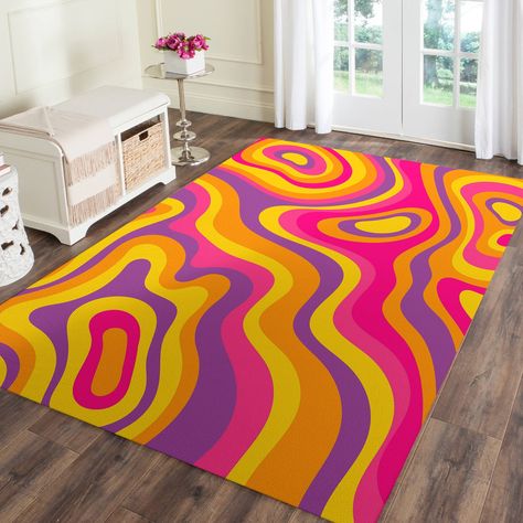 "Orange Purple Groovy Psychedelic Rug, Colorful Floor Mat, Hippie Retro Vibes, Bohemian Area Rug This area rug grounds your indoor or outdoor space in a geometric motif and modern style. Our Carpets consist of Non-Slip Cotton Base, Soft Shiny Microfiber Polyester Feathers on the Top. and it has a 0.35\"   medium pile height ideal for high-traffic areas like your patio, entryway, or living room. Best of all, it's stain-resistant to stand up to the occasional spill or splash. Get ready to turn heads with our pet-friendly and easy-to-care-for area rugs. *100% Polyester/friendly microfiber. Area rug for living room bedroom kitchen.This bohemian abstract rug is safe to pet and children,there isn't any bad smells on this runners floor carpets. *Since our rugs use digital printing technology at h Pink And Orange Living Room, Groovy Apartment, Groovy Bedroom, Random Furniture, 70s Bedroom, 70’s Decor, Colorful Floor, Modern Doormats, Bohemian Area Rug