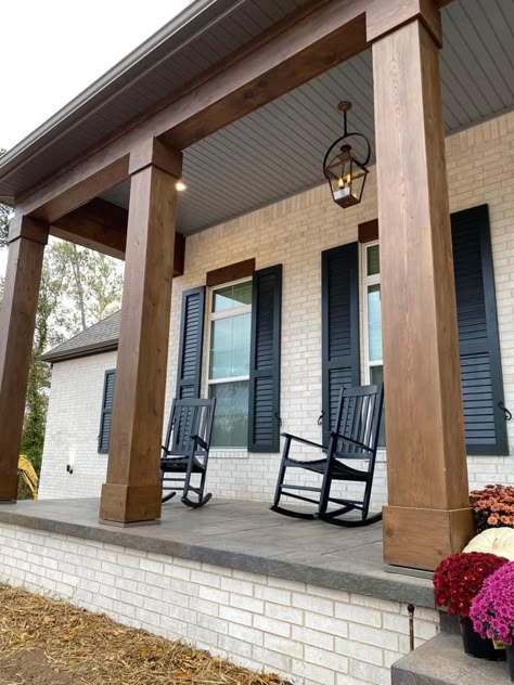 Porch Beams, Green Exterior House Colors, Front Porch Columns, Rustic Front Porch, Deck Railing Ideas, Ranch House Exterior, Porch Styles, House Front Porch, Porch Remodel