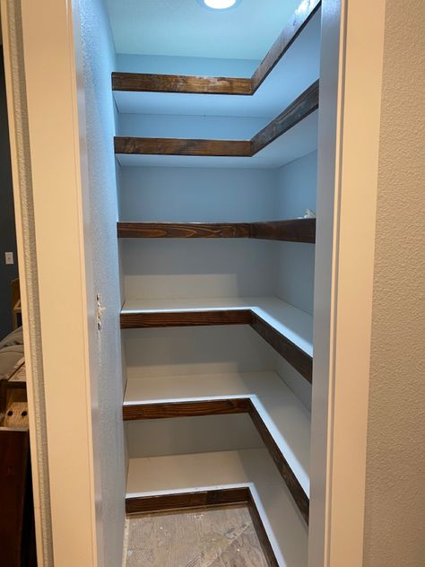 Re-model of our kitchen/living/dining room. My master carpenter didn’t want just an average pantry! Narrow Wall Pantry, Narrow Pantry Cupboard, Narrow Kitchen Pantry Ideas, Narrow Pantry Closet, Small Pantry Closet Makeover, Diy Small Pantry Ideas, Deep Narrow Pantry, Narrow Pantry Ideas, Pantry Design Small