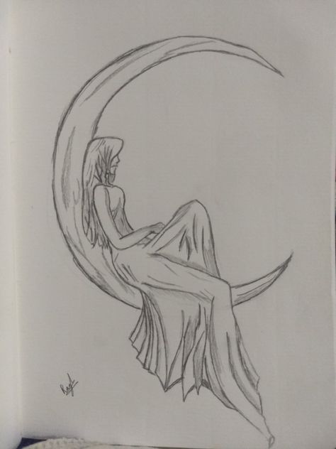 Moon girl waiting for someone looking through the night Moon As A Person Drawing, Woman Sitting On Moon Tattoo, Sitting On Moon Tattoo, Moon Girl Tattoo, Sketches With Meaning, Moon Night Drawing, Moon Sketch, Fairy Sketch, Word Tattoo Ideas