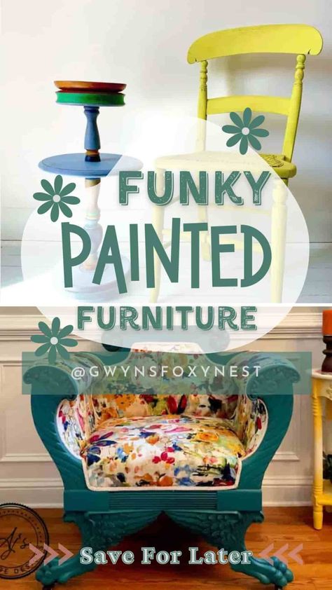 Funky Painted Furniture Furniture Painting Ideas Designs, Bohemian Painted Furniture Ideas, Funky Painted Chairs, Folk Painted Furniture, Funky Painted Furniture Bohemian, Whimsical Painted Furniture Ideas, Boho Furniture Makeover, Boho Painted Furniture, Artsy Furniture