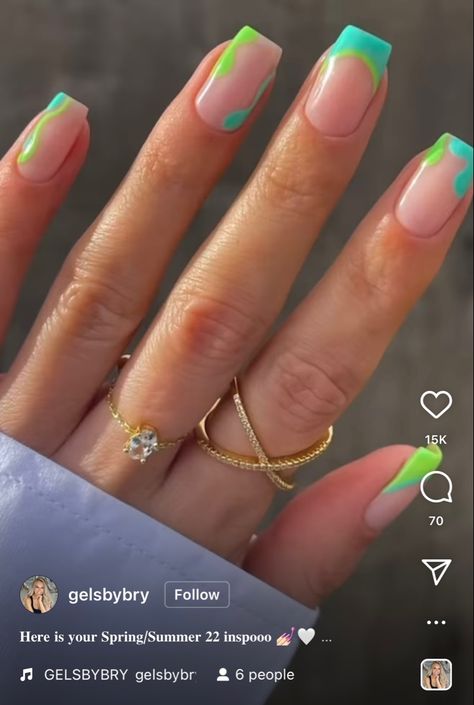 Pink And Teal French Tip Nails, Neon Green And Teal Nails, Neon Green Nails Design Short, Teal And Lime Green Nails, Bright Summer Nails Designs Neon French Tips, Teal French Tip Nails Square, Green And Blue Summer Nails, Bright Green French Tip Nails, Neon Green Tips Nails