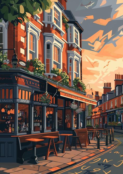 Traditional British Pub Travel Illustration Wooden Awning, British Cafe, Cozy Pub, Inspirational Digital Art, Fantasy Town, Photography Movies, British Pub, Photography Games, Educational Books