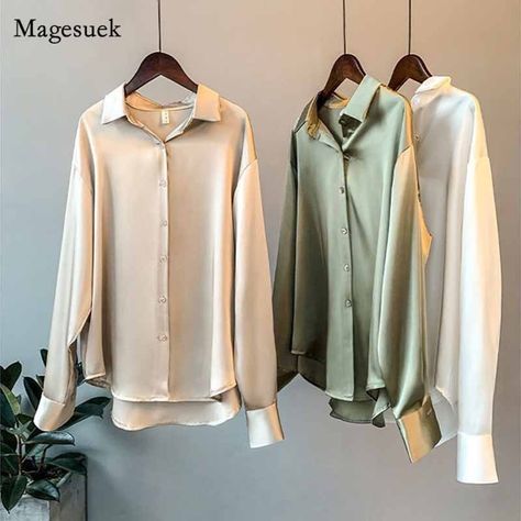 Satin Shirts For Women, Khaki Blouse, Blouse Korean Style, Pijamas Women, Satin Bluse, White Long Sleeve Shirt, Vintage Blouse, Satin Shirt, Spring Women