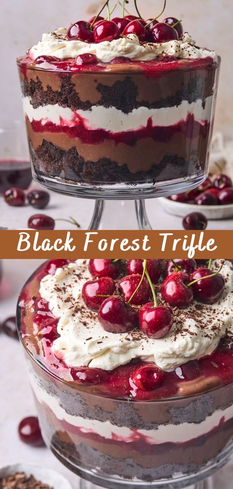 Black Forest Trifle Recipe | Cheff Recipes Black Forest Parfait, Black Forest Truffle, Black Forest Cake Trifle, Cherry Trifle Bowl, Black Forest Torte, German Black Forest Cake Recipe, Black Forest Brownies Recipes, Chocolate Trifle Cake, Winter Trifle Desserts