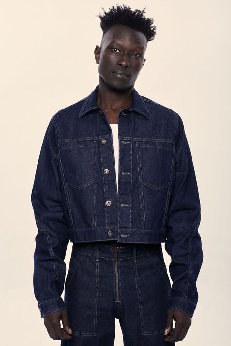 Salt Murphy, Cropped Denim Jacket Outfit, Indigo Denim Jacket, Denim Outfit Men, Indigo Jeans, Oversized Jeans, Crop Jean Jacket, Brass Buttons, Knit Denim