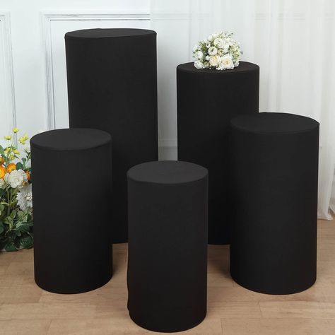 PRICES MAY VARY. Quantity: Set of 5 Display Stands Covers Material: Spandex Color: Black Cover Sizes: S: 19.5"H x 11"W M: 21.5"H x 12"W L: 23.5"H x 12.5"W XL: 29.5"H x 14"W XXL: 35.5"H x 16"W Thickness: 160 GSM Use it with our Set of 5 Acrylic Cylinder Plinth Display Box Stands Features: Lightweight, pullover cover to get a snug fit, easy to slip on and take off PREMIUM QUALITY: These Display Box Stand Covers are made from a high-quality spandex material with shiny glittered. This elegantly shim Mall Stores, Pedestal Stand, Acrylic Display Stands, Up Theme, Home Decor Sets, Free Textures, Display Stands, Acrylic Display, Black Cover