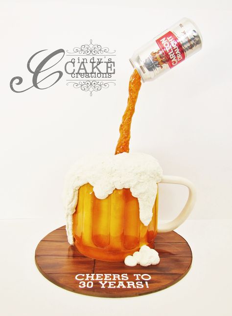 - My first attempt at the gravity defying cake. Made this one for my dear hubby's birthday. Beer is isomalt, foam is vanilla buttercream and mug and cake board is painted fondant. Beer Can Cakes, Birthday Beer Cake, Beer Mug Cake, Anti Gravity Cake, Gravity Defying Cake, Gravity Cake, Beer Cake, Cake Decorating With Fondant, Light Cakes