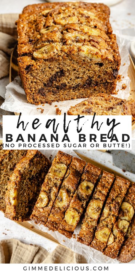 The BEST Healthy Banana Bread is moist, soft, and fluffy. This delicious recipe contains NO processed sugar or butter, comes together in just a few minutes, and is only 238 calories per slice! Banana Bread Three Bananas, Flourless Peanut Butter Banana Bread, Whole Food Banana Bread, Quick Healthy Banana Bread, Flaxseed Banana Bread, Healthy Banana Bread With Chocolate Chip, 2 Banana Bread Recipe Easy, Organic Banana Bread, Banana Bread With Splenda