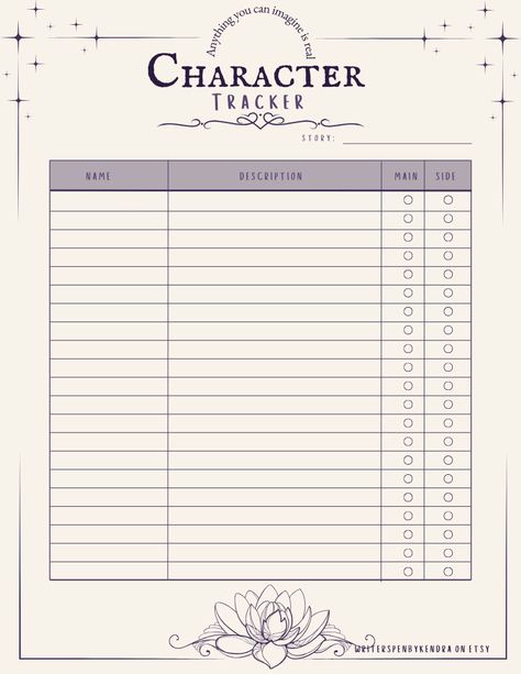 Find this cute character tracker at my Etsy shop. Click the link and follow for more! Character Building Template, Character Sheets For Writers, Character Info Sheet Template, Character Development Sheet, Writing Tracker, Character Questionnaire, Character Sheet Writing, Writers Journal, Shifting Help