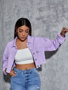 Lilac Purple Casual Long Sleeve Denim Plain Other Non-Stretch Women Denim White Cropped Jacket Outfit, Denim Jacket Outfit Women, Cropped Denim Jacket Outfit, Niall Horan Outfits, Cropped Jacket Outfit, White Cropped Jacket, Lavender Shirt, Jacket Outfit Women, Jean Jacket Outfits