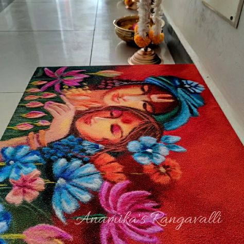 May this rangoli be a symbol of the joy and purity that Krishna brings into our lives. Happy Janmashtami to you and your family🪈🦚 Poster Rangoli Krishna, Cute Krishna Rangoli, Kartik Purnima Rangoli, Rangoli Of Krishna, Colorful Rangoli Designs For Diwali, Poster Rangoli For Diwali, Rangoli Designs Krishna, Diwali Rangoli Designs Beautiful, Diwali Poster Rangoli