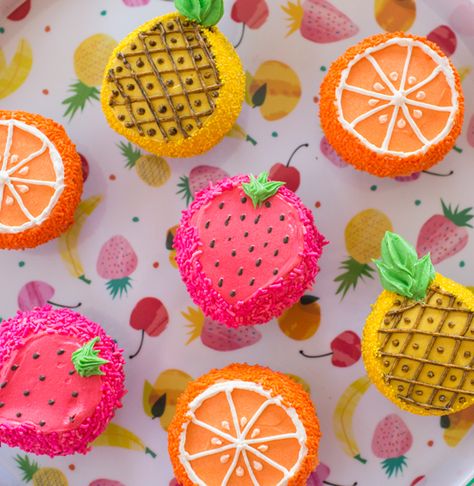 Oh Joy / Fruity Cupcakes by Trophy Fruity Cupcakes, Pineapple Cupcakes, Fruit Cupcakes, Summer Cupcakes, Cupcake Decorating Tips, Fruit Party, Gateaux Cake, Oreo Dessert, Cute Cupcakes