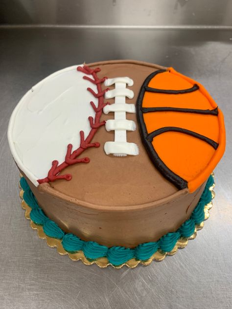 Football Baseball Basketball Cake, Tampa Bay Buccaneers Cake Ideas, How To Make A Basketball Cake, Sport Themed Cake, Sports Sheet Cake, Cake For 11th Birthday Boy, Cake Ideas For Men Simple, Baseball Cakes For Boys, Sport Cake Ideas