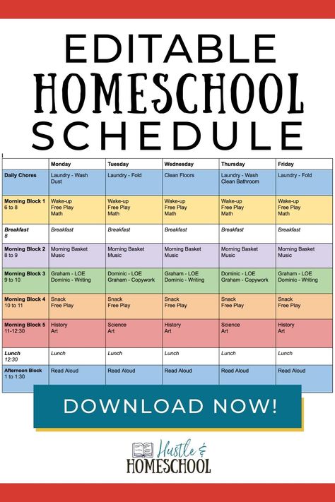 Get a copy of our weekly homeschool schedule. This editable homeschool schedule allows you to create a personalized homeschool routine. After you've made it, print it out and hang in on your refrigerator or at your command center. Preschool Homeschool Schedule, Kindergarten homeschool schedule, elementary homeschool schedule, free printable homeschool schedule, middle school homeschool schedule, high school homeschool schedule 9th Grade Homeschool Schedule, Homeschool Block Schedule, Middle School Schedule, Homeschool Schedule Printable, Kindergarten Homeschool Schedule, Homeschool Schedule Template, Homeschool Daily Schedule, High School Schedule, Elementary Homeschool