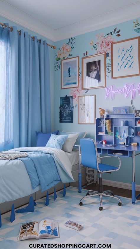 Discover 17 stunning blue dorm room ideas that transform your space into a cozy retreat. From nautical vibes and bohemian bliss to modern coastal and tech-savvy themes, find inspiration to create your perfect blue haven. Blue room decor, dorm room makeover, dorm room decor, blue dorm decor, blue room inspiration, blue dorm room aesthetic, blue dorm ideas, blue dorm aesthetic, blue dorm bedding, blue dorm room decor, blue dorm rug, blue dorm bed, blue dorm wall decor, cozy dorm room. Preppy Blue Room Ideas, Light Blue Girls Room Ideas, Blue Bedroom For Girls Ideas, Pastel Blue Room Ideas, Light Blue Teenage Girl Bedroom, Blue And Brown Room Aesthetic, Girls Room Blue Walls, White And Blue Room Aesthetic, College Dorm Room Ideas Blue