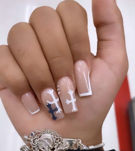 Nails for the girlies if you wanted any inspiration or design . 💕 White Cross Acrylic Nails, Acrylic Nail Designs With Crosses, Cross Gel Nails, Cross Short Nails, Short Acrylic Nails With Cross, Acrylic Nails Cross Design, French Tip Cross Nails, French Tip Initial, Pink Nails With Cross