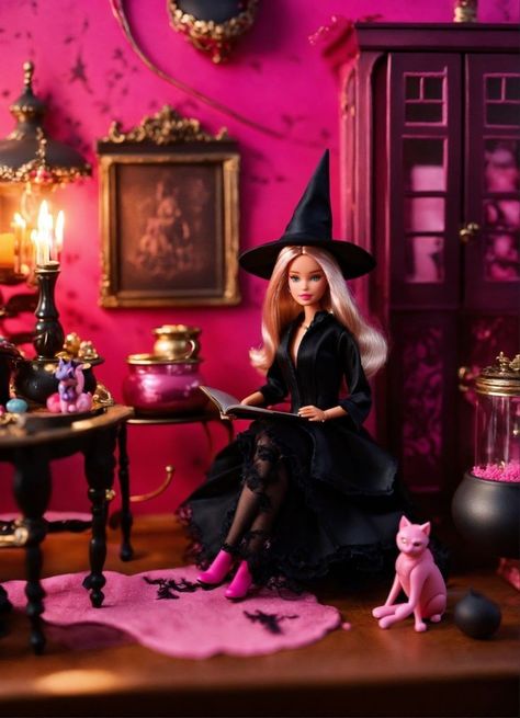 Barbie Halloween Photoshoot, Halloween Barbie Decorations, Witch Barbie, Gothic Barbie, Barbie Witch, Barbie Decorations, Vampire Barbie, Goth Barbie, Spooky Dolls